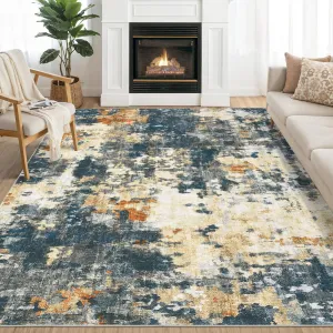 10x13 Area Rug Washable Rugs Living Room Large Area Rug Non Shedding Bedroom Rug Low Pile Modern Rug Abstract Accent Rug Non Slip Farmhouse Throw Rug Foldable Indoor Carpet Navy and Brown
