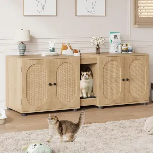 Cat Litter Box Enclosure 55.1" Double Litter Box Furniture Large Cat Box Enclosure Kitty Litter Box for 2 Cats Hidden Cat Litter Cabinet Double Cage with Cat Litter pad Rattan Door