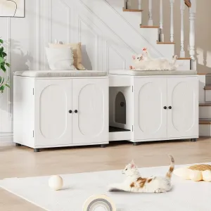 Cat Litter Box Enclosure, 55.1" Double Litter Box Furniture Large Cat Box Enclosure Kitty Litter Box for 2 Cats Hidden Cat Litter Cabinet Double Cage with Cat Litter Pad, White | Oval