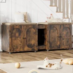 Cat Litter Box Enclosure, 55.1" Double Litter Box Furniture Large Cat Box Enclosure Kitty Litter Box for 2 Cats Hidden Cat Litter Cabinet Double Cage with Cat Litter Pad, Retro | Oval