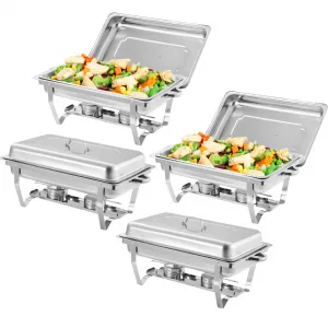 Chafing Dish Buffet Set 4 Pack, 8 Qt Stainless Steel Chafer Buffet Servers and Warmers Sets with Lid Folding Frame, Rectangular Chafing Dishes for Parties, Weddings, Catering Events, Silver