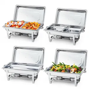 4-Pack Stainless Steel Chafing Dish Buffet Set - 8QT Large Square Food Warmer for Catering, Weddings & Home Parties, Silver, 24.4x14x12 Inches