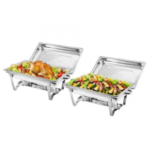 Chafing Dish Buffet Set 2 Pack, 8 Qt Stainless Steel Chafer Buffet Servers and Warmers Sets with Lid Folding Frame, Rectangular Chafing Dishes for Parties, Weddings, Catering Events, Silver