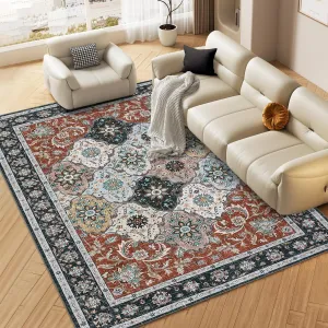 Washable Rugs Distressed Vintage Trellis Area Rug for Living Room Bedroom Office Nursery Oriental Tribal Area Rug Low Pile Neutral Soft Rug Non Slip Farmhouse Floor Cover Red 9'x12'