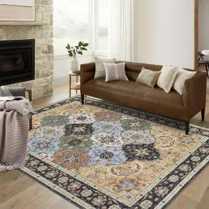 Large Washable Area Rug 9x12 Ft Traditional Faded Trellis Floral Rug, Low Pile Non Skid Carpet, Soft Non Shedding Stain Resistant Vintage Accent Rug for Living Room, Bedroom, Camel