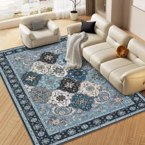 Washable Rugs 8x10 Vintage Trellis Area Rug for Living Room Oriental Tribal Area Rug for Bedroom Distressed Office Carpet Low Pile Neutral Soft Nursery Rug Blue