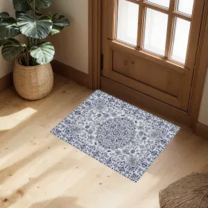 2x3 Vintage Distressed Medallion Area Rug - Machine Washable Non-Slip Boho Floral Carpet for Living Room Bedroom Dining Room - Blue