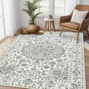 10x13 Ft Vintage Distressed Medallion Area Rug - Machine Washable Non-Slip Boho Floral Carpet for Living Room Bedroom Dining Room Beige