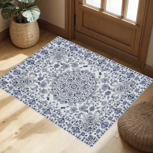 4x6 Ft Vintage Distressed Medallion Area Rug - Machine Washable Non-Slip Boho Floral Carpet for Living Room Bedroom Dining Room - Blue