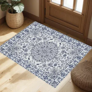 3x5 Ft Vintage Distressed Medallion Area Rug - Machine Washable Non-Slip Boho Floral Carpet for Living Room Bedroom Dining Room - Blue