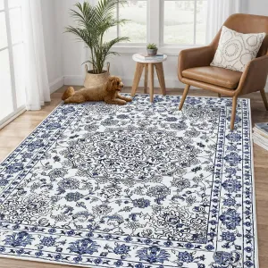10x13 Ft Vintage Distressed Medallion Area Rug - Machine Washable Non-Slip Boho Floral Carpet for Indoor/Outdoor Living Room Bedroom Dining Room, Blue