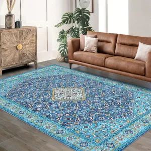 9x12ft Persian Style Area Rug Blue-Green,Machine Washable Stain-Resistant Area Rug with Non-Slip Backing Low for Living Room, Bedroom, and Dining Room