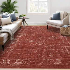 Vintage Distressed Area Rug 8x10 Living Room Rug Stain Resistant Large Bedroom Rug Non-Slip Throw Floor Carpet Indoor Traditional Dining Room Rug Boho Accent Rug for Home Office, Red