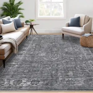 Area Rug Vintage Rug 10x13 Large Living Room Area Rug Traditional Distressed Rug for Dining Room Indoor Non-Slip Stain Resistant Boho Accent Throw Floor Carpet for Home Office, Grey
