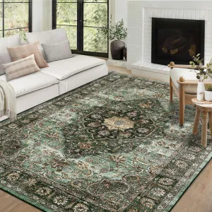 Large Area Rug 9x12 Vintage Soft Indoor Washable Floor Carpet Non-Slip Green