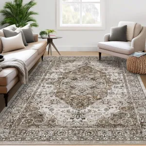 Washable Rug 9x12 Brown Vintage Floral Area Rug for Bedroom Living Room Office Nursery