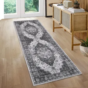Washable Runner Rug 2x6 Vintage Non Slip Kitchen Rug Floral Oriental Low Pile Soft Bathroom Rug 2'x6' Grey