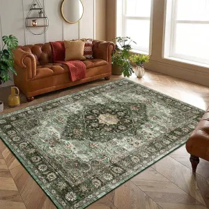 Washable Rugs 5x7 Rug Vintage Floral Green Non Slip Large Area Rug for Living Room Bedroom Office Nursery Dining Room