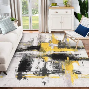 Modern Abstract Area Rug, 9x12 Machine Washable Non-Slip Accent Carpet, 9x12 Contemporary Art Ink Texture Rug, Soft Low-Pile Floor Carpet Rug for Kitchen Living Room Bedroom, Black Gold