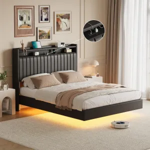 Full Size Floating Bed Frame with RGB LED Lights & Charging Station, Upholstered Platform Bed Frame with Storage Headboard, 50”Tall Headboard Leather Full Bed No Box Spring Needed, Black