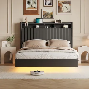 Queen Floating Bed Frame With RGB LED Lights & Charging Station, Upholstered Platform Bed Frame With Storage Headboard, 50”Tall Headboard Leather Bed Frame Queen Size No Box Spring Needed, Black