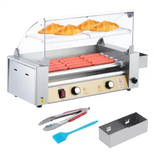 12 Hot Dog Roller With Bun Warmer, 750W Dual Temp Control Hot Dog Machine With 5 Roller, Stainless Steel Hot Dog Grill With PC Hood Shelf & Removable Oil Drip Tray, for Home and Commercial