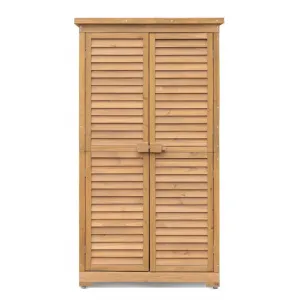 Outdoor Wooden Storage Cabinet - Waterproof Roof, Louvered Double Doors, Removable 3-Tier Shelves, Tool Organizer for Garden & Lawn Supplies