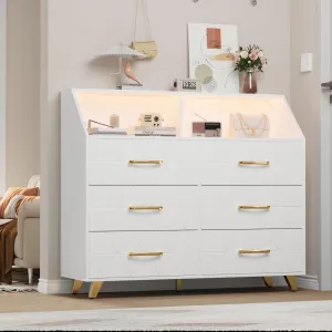 6 Drawer Dresser with LED Lights & Charging Station, Wooden White Dresser for Bedroom, Modern TV Stand Dressers & Chests of Drawers for Closet, Living Room, Hallway, Entryway