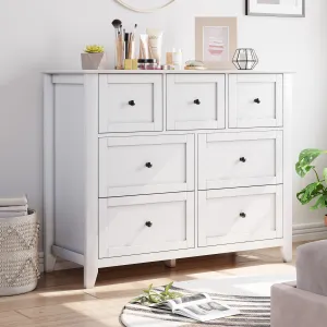 White 7 Chest of Drawer Dresser, Modern and Stylish Dresser, Deep Drawers and Nickel Round Handle, Wood Organizer Dresser With Ample Storage Space for Bedroom, Living Room, Entryway