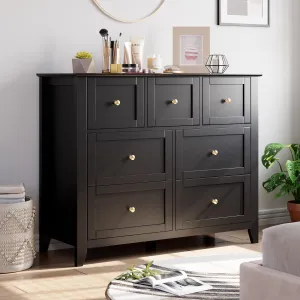 Modern Black 7-Drawer Dresser With Nickel Round Handles, Stylish Wood Organizer With Deep Drawers for Ample Storage Space, In Bedroom, Living Room, or Entryway