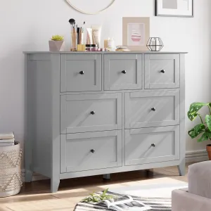 7 Chest of Drawer Dresser, Modern and Stylish Dresser, Deep Drawers and Nickel Round Handle, Wood Organizer Dresser with Ample Storage Space for Bedroom, Living Room, Entryway, Gray