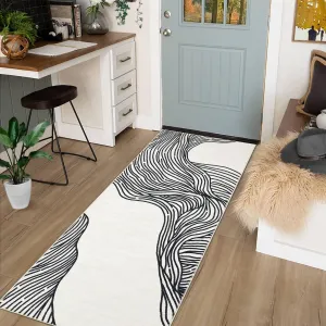 Runner Rug 2x6 Machine Washable Rug with Non-Slip TPR Backing, Low Pile Faux Wool Kitchen Carpet, Modern Soft Print Accent Rug for Bathroom, Laundry Room, Entryway, Beige and Black