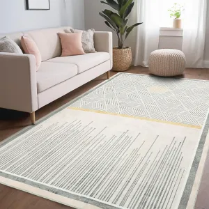 Modern Geometric Soft Area Rug, 8x10 Washable Thin Foldable Low Pile Carpet, Beige for Bedroom Living Room Dining Room