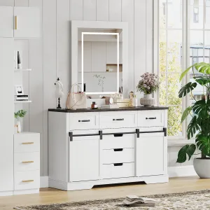 6 Drawers Dresser with Mirror for Bedroom, Makeup Vanity with Light Mirror, Farmhouse Modern Dressers, Chest of Drawers with Sliding Barn Doors for Bedroom, Living Room