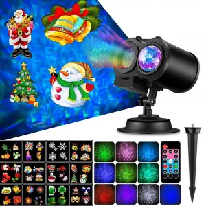 Christmas Projector Lights with 12 Slides Remote Control Outdoor Waterproof Double Tubes LED Projector for Halloween Christmas Birthday Parties EU Plug
