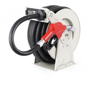 1"x50" Fuel Hose Reel with 360° Swivel Standard Fueling Nozzle, Retractable Heavy Duty Steel Construction Reel, 300PSI Industrial Auto Swivel, Spring Driven Diesel Hose Reel for Construction, with Cover Waterproof