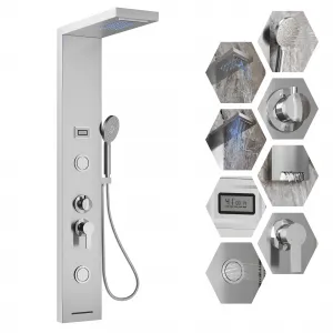 Led Shower Panel Tower System, 6 In 1 Shower Panel with Rainfall Waterfall Shower Head, 2 Body Spray, 3-Function Handheld Shower, Tub Spout,Temperature Display,Stainless Steel Brushed Wall-Mounted