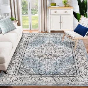 Vintage Washable Soft Area Rug 5x7 Low Pile Anti-Slip Stain Resistant Rug Blue for Bedroom Living Room Dining Room