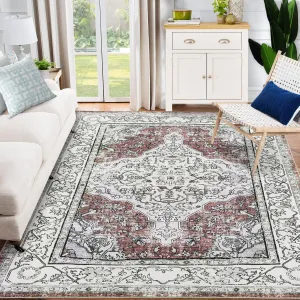 Vintage Washable Soft Area Rug 9x12 Low Pile Anti-Slip Stain Resistant Floral Printed Red
