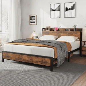 Queen Size Bed Frame with Charging Station, 2 USB Ports & 2 AC Outlets, Heavy Duty Metal Bed Frame with Wooden Headboard and Footboard, No Box Spring Needed, Easy to Assemble