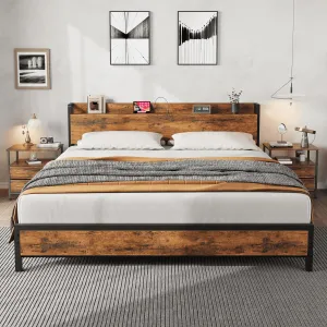 King Size Bed Frame with Storage Headboard, Industrial King Bed Platform with Charging Station and USB Ports, No Box Spring Needed Easy Assemble Mattress Foundation