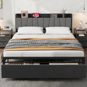 King Size Bed Frame with Upholstered Headboard, Storage Drawers, Charging Station, Metal Slats, Black, Platform Bed for Bedroom