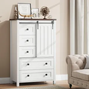 Dresser for Bedroom with 5 Drawers, 48" White Tall Chest of Drawers, Wooden Closet Dresser with Storage Cabinet, Farmhouse Dresser Organizer with Handles for Living Room, Hallway, Entryway - White