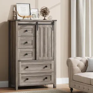 Dresser for Bedroom with 5 Drawers, 48" Tall Chest of Drawers, Wooden Closet Dresser with Storage Cabinet, Grey Farmhouse Dresser Organizer with Handles for Living Room, Hallway, Entryway - Grey
