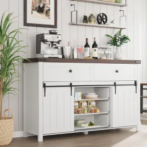 Farmhouse Buffet Cabinet, Kitchen Sideboard with Sliding Barn Doors, 5 Drawers, Wooden Storage Cabinet, Coffee Bar Station for Kitchen, Living Room, Dining Room, White
