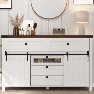 Farmhouse Buffet Cabinet, Kitchen Sideboard with Sliding Barn Doors, 5 Drawers, Wooden Storage Cabinet, Coffee Bar Station for Kitchen, Living Room, Dining Room, White