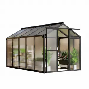 Outdoor Polycarbonate Greenhouse with Roof Vent & Sliding Lockable Door, Aluminum Frame, Water Gutter Drainage, Black, 6x10FT, Garden Patio Lawn
