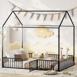 Full Floor Bed for Kids, Metal Montessori Floor Bed Full Size, Kids Floor Bed with Door& Fence, Montessori House Bed for Kids, Girls, Boys, Full Floor Bed Frame, Playhouse Bed Full, Black