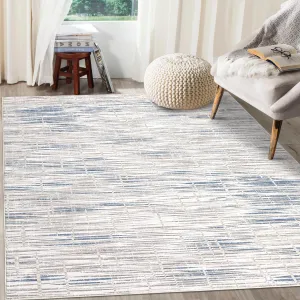 Modern Abstract Rug Machine Washable Transitional Striped Print Carpet with Non-Slip Backing Non-Shedding Stain Resistant Soft Low-Pile Floor Cover for Living Room Bedroom, Beige Blue