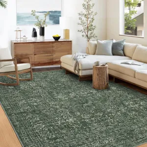 Washable Area Rugs 6×9 Oriental Distressed Carpet Non-slip Backing Dark Green